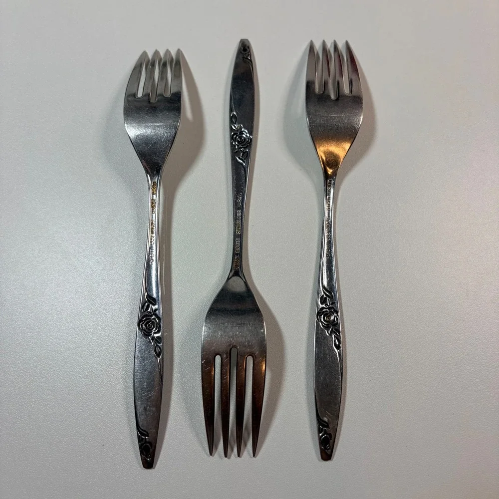 West Bend Stainless USA Rose Pattern Salad Fork Set of 3 Vintage Floral Flatware